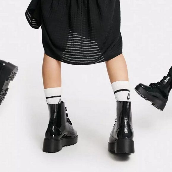 !! NEW !! Black Patent Vegan Leather Side Zip Combat Boots - Picture 5 of 9